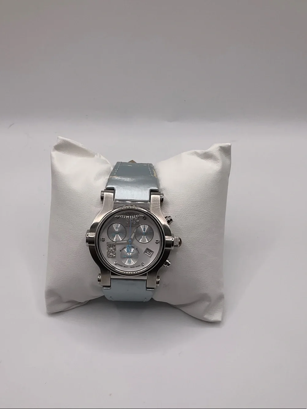 Women's Silver Chronograph Watch with Light Blue Strap, works needs battery-band